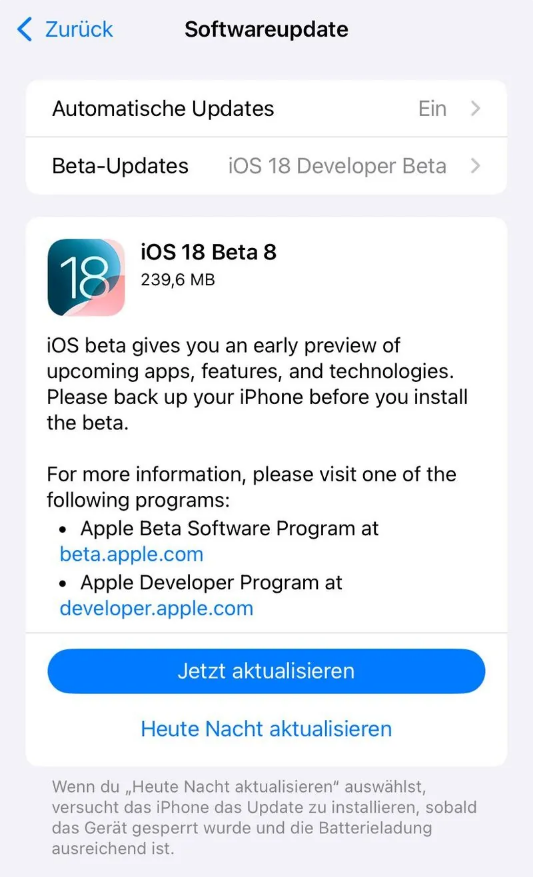 周口苹果手机维修分享苹果 iOS / iPadOS 18 开发者预览版 Beta 8 发布 